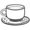 A cup of coffee on a saucer. Coffee beans and sugar pieces. Line drawing. For colorin