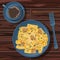 Cup of coffee on saucer, rigatoni pasta with cheese and mushrooms on ceramic blue plate isolated on wooden table.