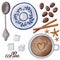 Cup of coffee, saucer, spoon, sugar, coffee, cinnamon. A set of images on the theme of coffee in a watercolor style.