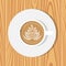 Cup of Coffee and saucer, top view, on realistic wooden surface. Vector illustration. Cappuccino with drawing on foam surface.