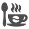 Cup of coffee on sauser, coffee bean and spoon solid icon, beverage concept, hot drink vector sign on white background