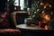 a cup of coffee sits on a table near a christmas tree