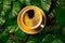 Cup of coffee sitting on top of yellow saucer surrounded by green leaves. Generative AI