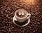 a cup of coffee with a smiley face on top of a pile of coffee beans