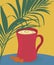 A cup of coffee stands on the table, candy, pattern on coffee, plant for decor, tropical leaf