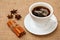 Cup of coffee, star anise and cinnamon