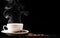 Cup coffee with steam and beans on a black background, a place for text