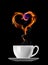 Cup of coffee with steam, heart symbol made of fire flames isolated on black background