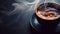 A cup of coffee with steam rising from it on a black table, AI