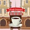 A cup of coffee stylized street cafe on wheels in the city, cartoon, vector illustration