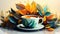 A cup of coffee surrounded by colorful leaves, AI