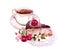 Cup of coffee or tea, chocolate cake with cherry fruits and flowers. Watercolor