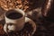 Cup of coffee on textile with beans, dark candy sugar, pots, basket