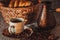 Cup of coffee on textile with beans, dark candy sugar, pots, basket and cake