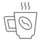Cup of coffee thin line icon. Morning energetic, hot drink mug and bean symbol, outline style pictogram on white