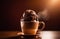 Cup of coffee topped with creamy ice cream and decadent chocolate, set against dark background. For advertising, banner