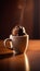 Cup of coffee topped with creamy ice cream and decadent chocolate, set against dark background. For advertising, banner