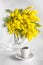 A cup of coffee and a vase of branches of mimosa on a white background