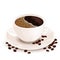 Cup of coffee vector realistic illustration. White cup of black coffee on a saucer on which coffee beans are scattered