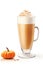 A cup of coffee with whipped cream next to a small pumpkin. Pumpkin spice latte.