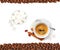 Cup of coffee and white refinery sugar on white background