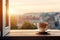 A cup of coffee on a windowsill on sunny morning. Having breakfast coffee with morning city view