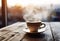 Cup of Coffee on a Wooden Table with a View of the City