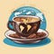 a cup of coffee with a world map and almonds on a saucer vector illustration