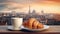 cup croissant food drink table bar french france breakfast paris. Generative AI.