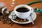 Cup of dark coffee with coffee beans and stethoscope on wooden background. Health concept of who like drink a coffee
