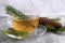 Cup with delicious immunity boosting tea and fir on grey table, closeup