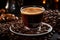 a cup of espresso with coffee beans on a dark background stock photo