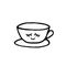 Cup with eyes and smile and saucer hand drawn element in doodle style. scandinavian monochrome minimalism. tea, coffee, kitchen,