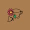 A cup with flower isolated on brown background. black outline, hand drawn vector. sunflower with green leaf. doodle art for logo,