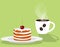 Cup of fragrant steaming coffee and cake with cherry on a saucer. Vector illustration in flat style.