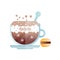 Cup of fresh americano. Mug of cold coffee drink and macaroon. Delicious beverage and dessert. Creative icon with