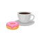 Cup of fresh black coffee and sweet donut with pink glaze and sprinkles. Appetizing breakfast. Flat vector for menu or