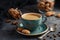 Cup of fresh coffee with Amaretti cookies on dark background