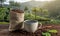 A Cup of fresh coffee and roasted beans in a bag on the table against the backdrop of a landscape of coffee plantations