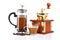 Cup, grinder, coffee pot and beans