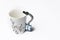 A cup with guitar handle. A cup for musician. Cup ispolated on white background.Copy space