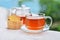 Cup of herbal infusion tea with biscuits basket , teapot background.