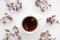 Cup of herbal oregano tea with dry marjoram flowers on white table background with copy space. Top view.