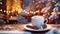 Cup of hot chocolate with marshmallows on a rustic wooden table, cozy Christmas atmosphere