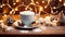 Cup of hot chocolate with marshmallows on a rustic wooden table, cozy Christmas atmosphere