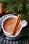 Cup of hot cocoa or hot chocolate on knitted background with fir tree and cinnamon sticks