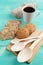Cup of hot coffee assorted with cookies for breakfast on wooden vintage table.