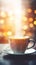 A cup of hot coffee on a cozy blurred background