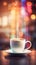 A cup of hot coffee with a cozy blurred background