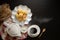 Cup of hot coffee in the morning on a black rural wooden table